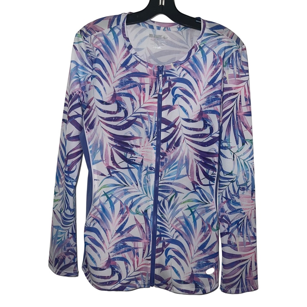 Reel Legends Womens Large Rashguard Zip Front Long Sleeve Tropical Palm Print